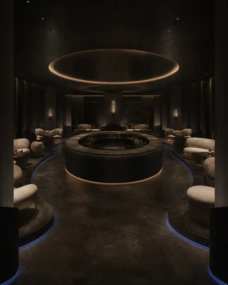 AI-generated illustrative lounge visualization for the self-initiated Obsidian Lounge study; not completed client work.