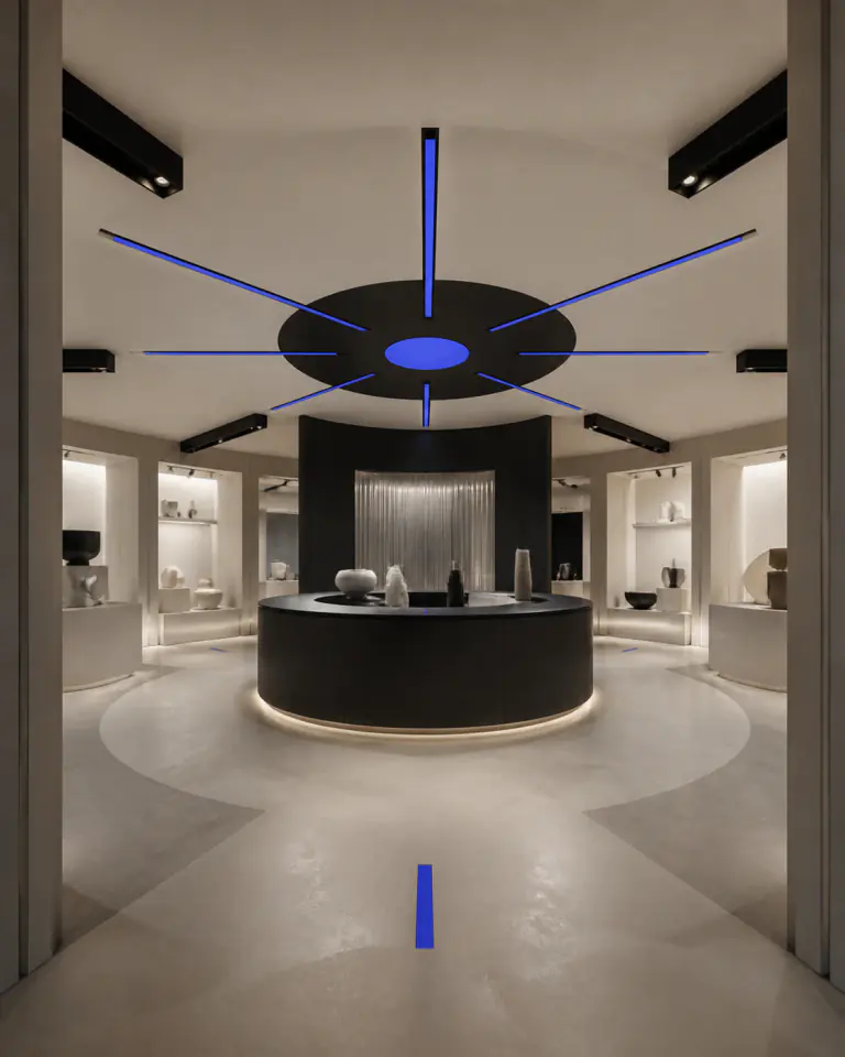 AI-generated illustrative showroom visualization for the self-initiated Vortex Showroom study; not completed client work.